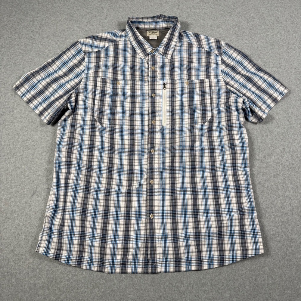 LL Bean Mens XL Tall Plaid Short Sleeve Performance Hiking Shirt Blue Gray